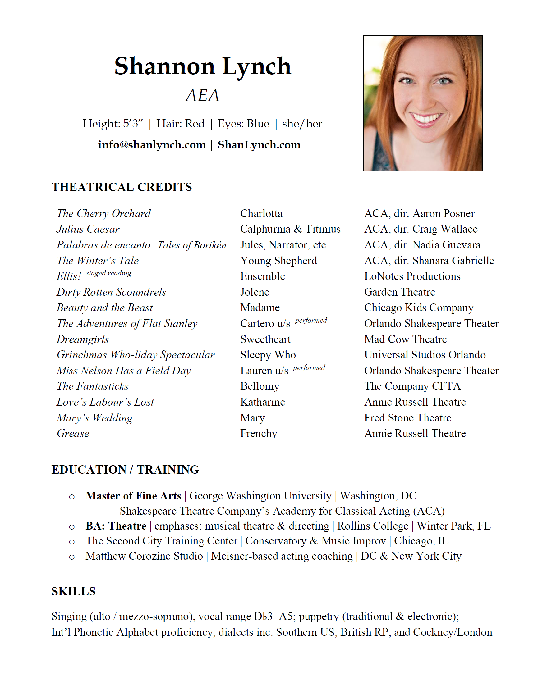 Acting Resume – Shannon Lynch